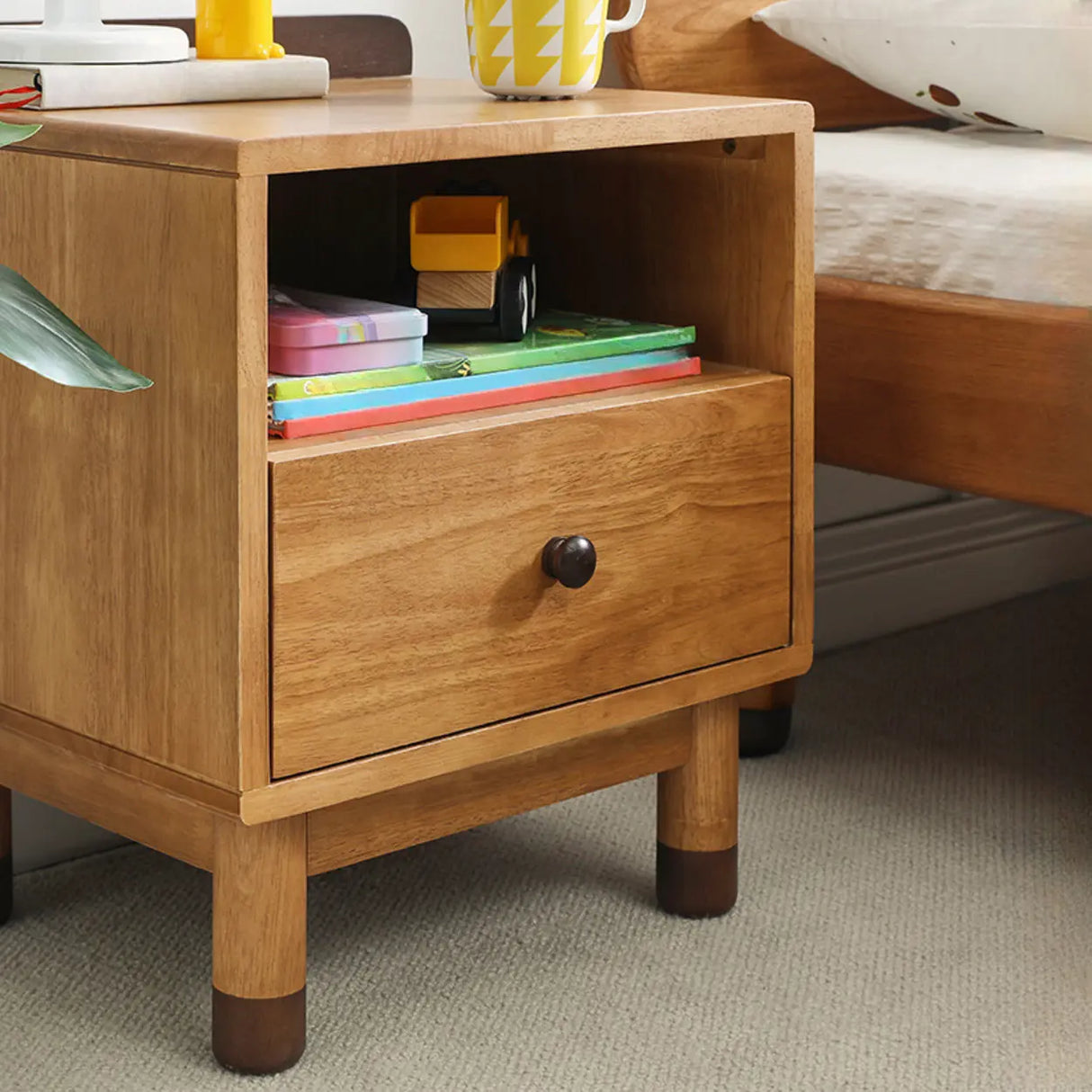 Brown Wood Narrow Length Kids Nightstand with Drawer Image - 12