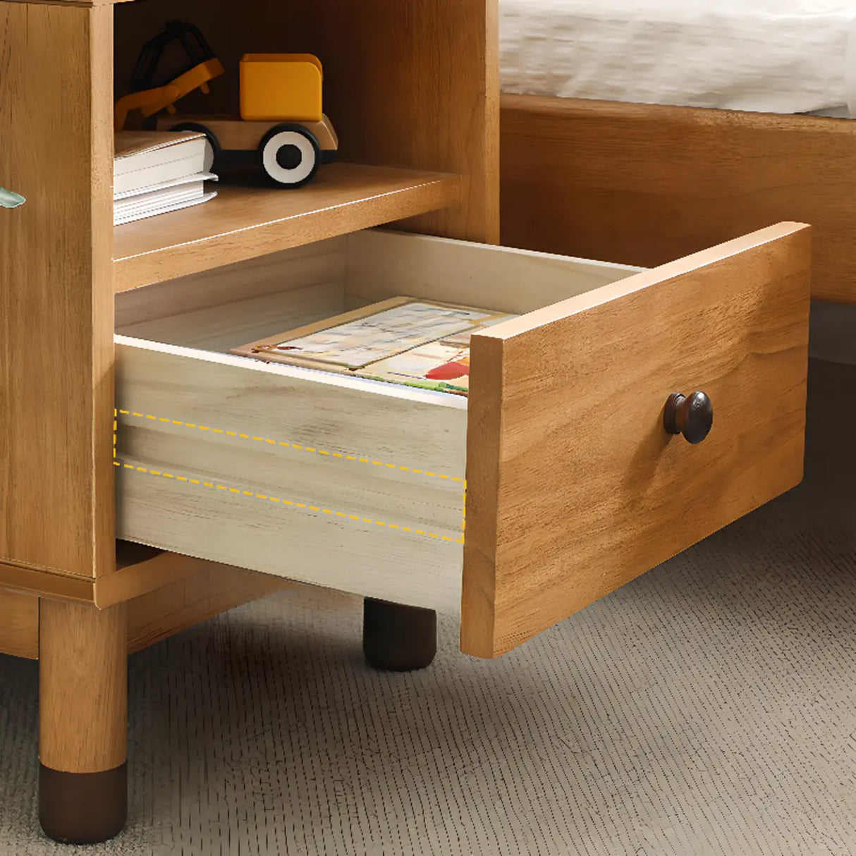 Brown Wood Narrow Length Kids Nightstand with Drawer Image - 14