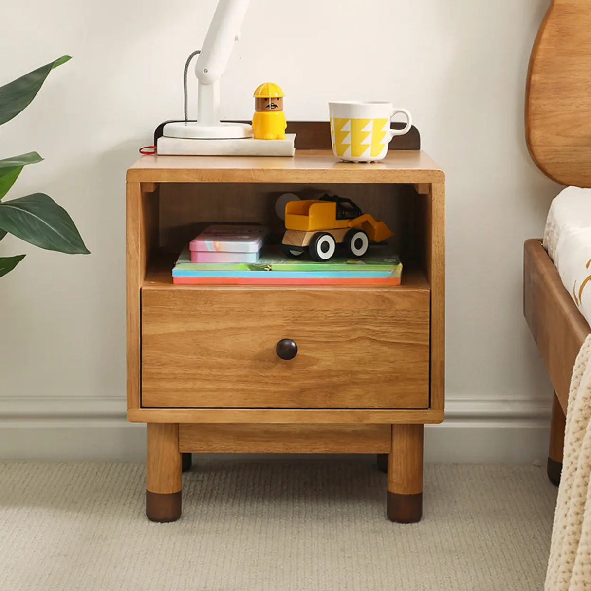 Brown Wood Narrow Length Kids Nightstand with Drawer Image - 3