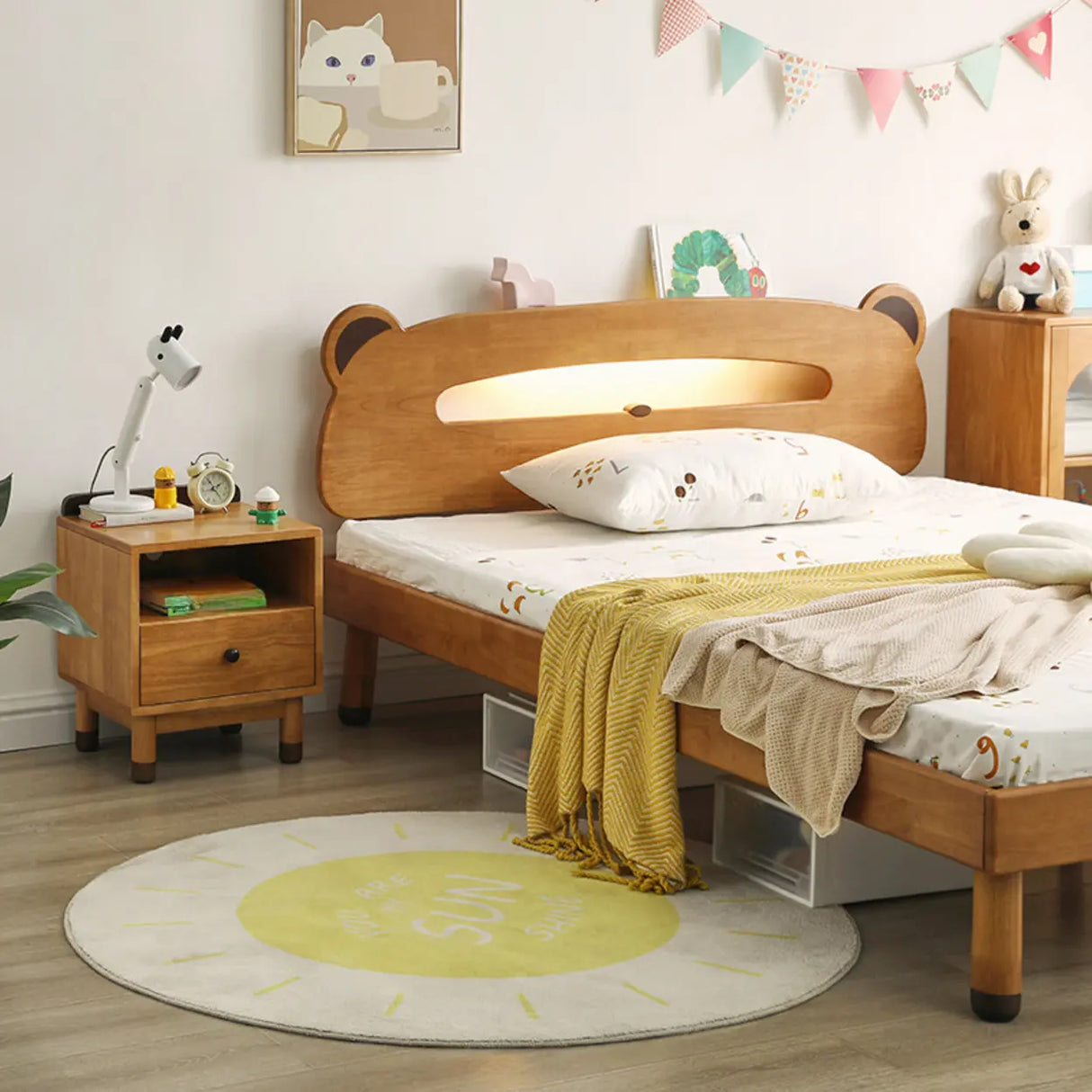 Brown Wood Narrow Length Kids Nightstand with Drawer Image - 6