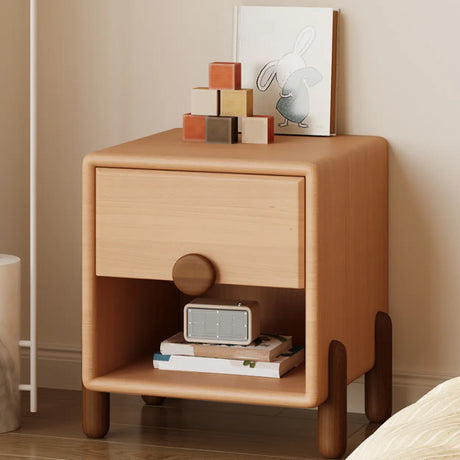 Brown Wood Open Storage Kids Nightstand with Drawer Image - 1
