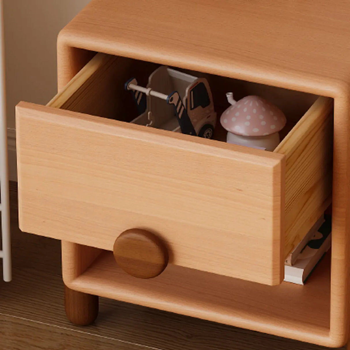 Brown Wood Open Storage Kids Nightstand with Drawer Image - 10