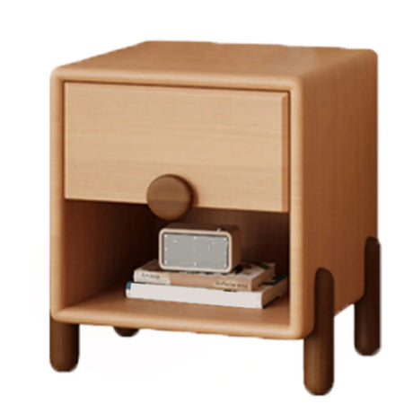 Brown Wood Open Storage Kids Nightstand with Drawer Image - 2