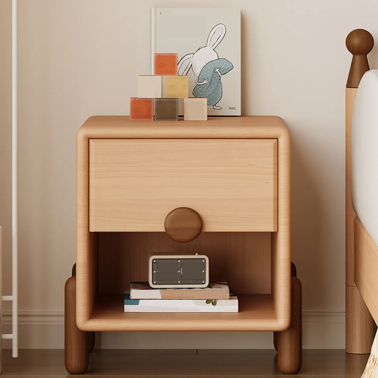 Brown Wood Open Storage Kids Nightstand with Drawer Image - 6