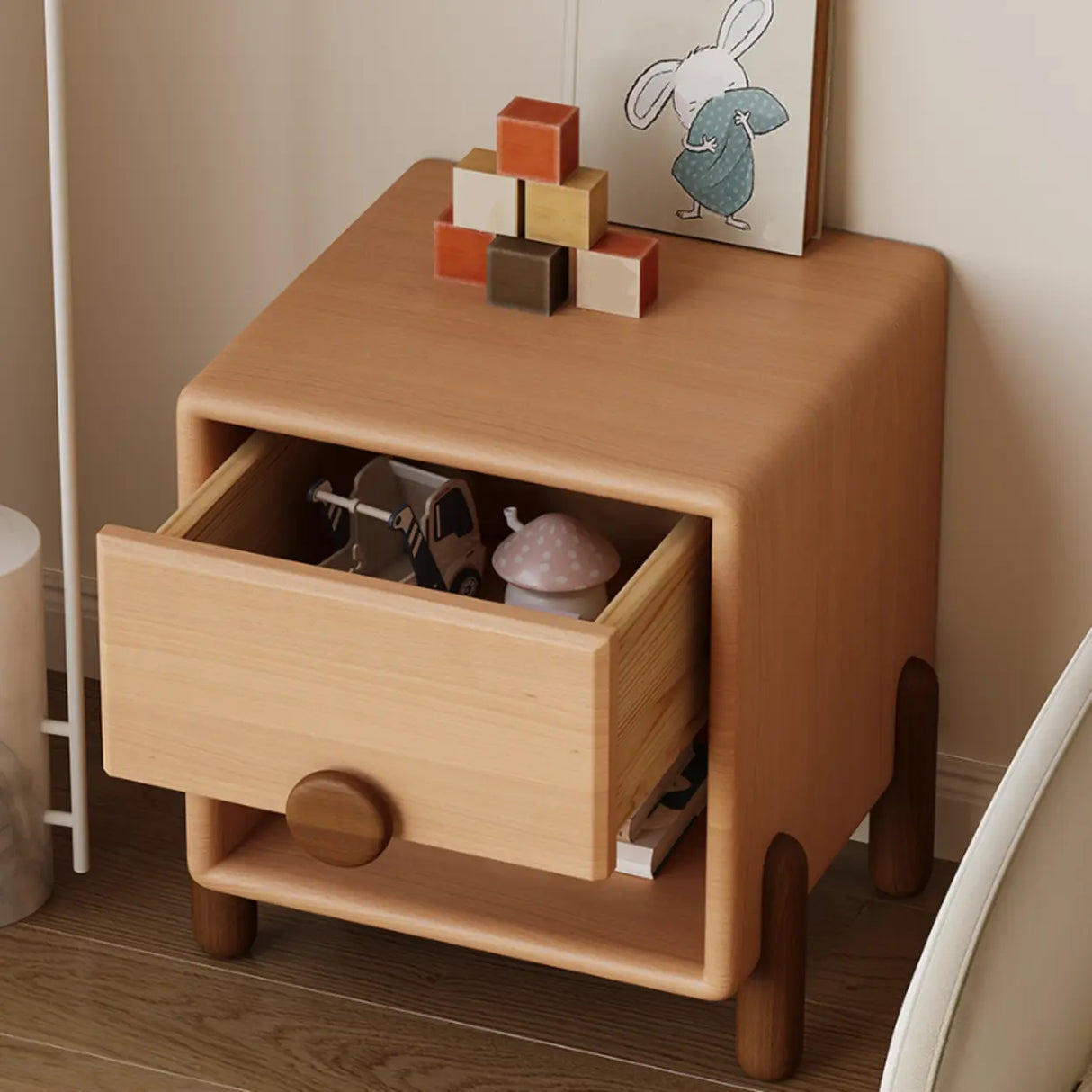 Brown Wood Open Storage Kids Nightstand with Drawer Image - 7