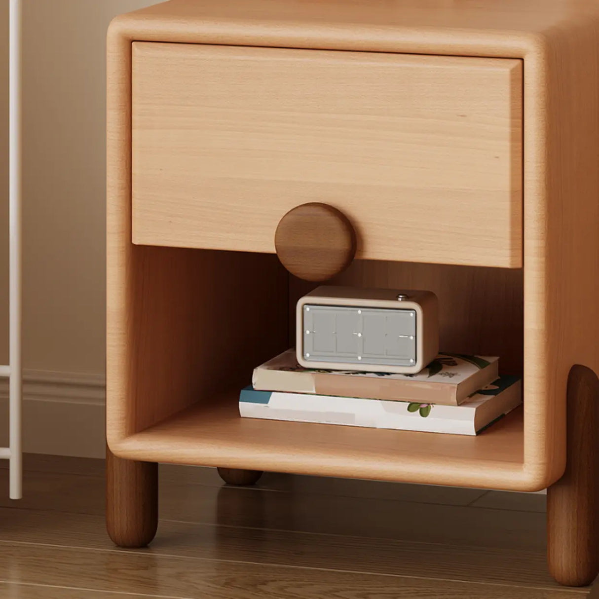 Brown Wood Open Storage Kids Nightstand with Drawer Image - 8