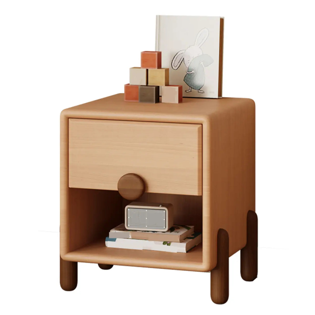 Brown Wood Open Storage Kids Nightstand with Drawer Image - 9