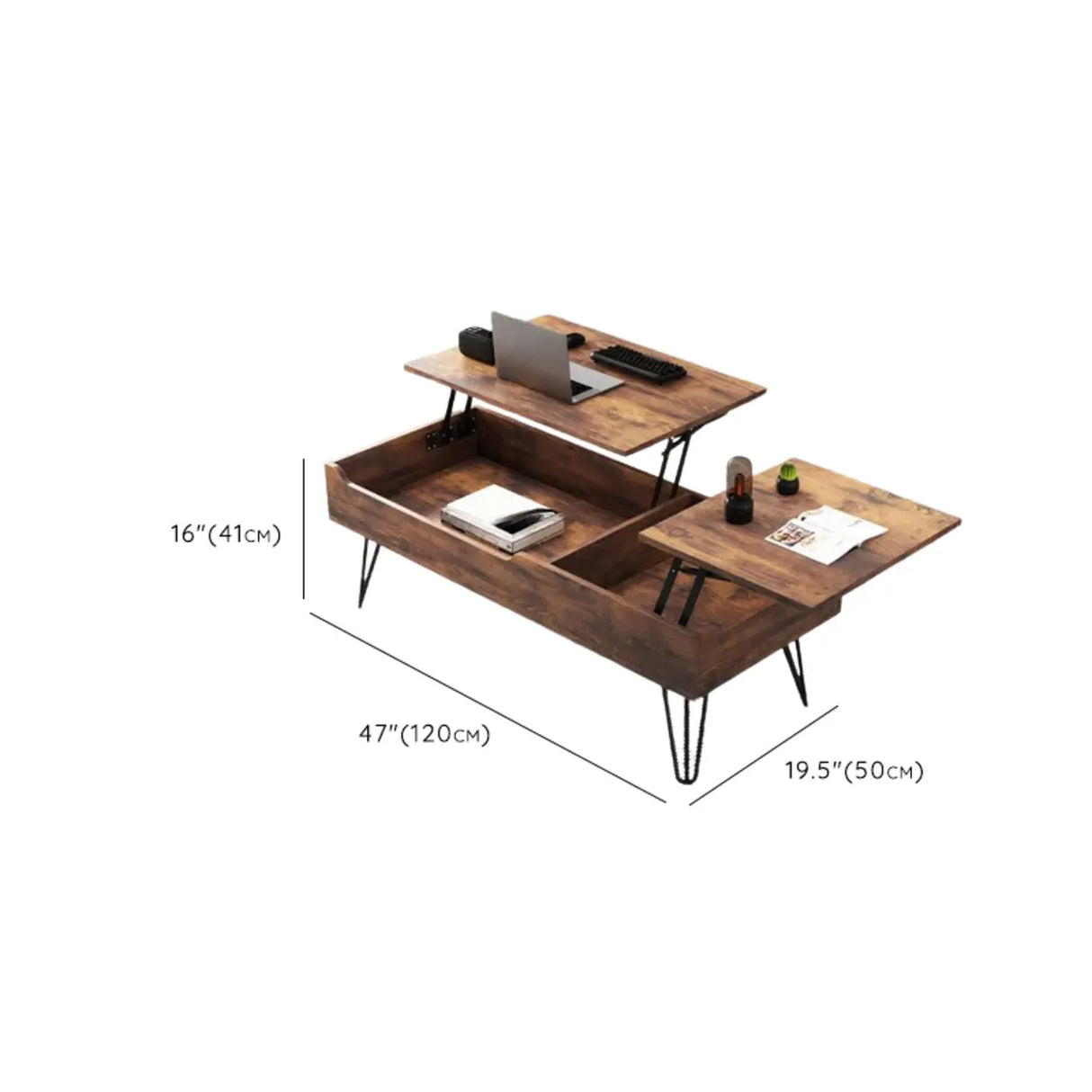Brown Wood Rectangle Lift Top Coffee Table with Storage Image - 15