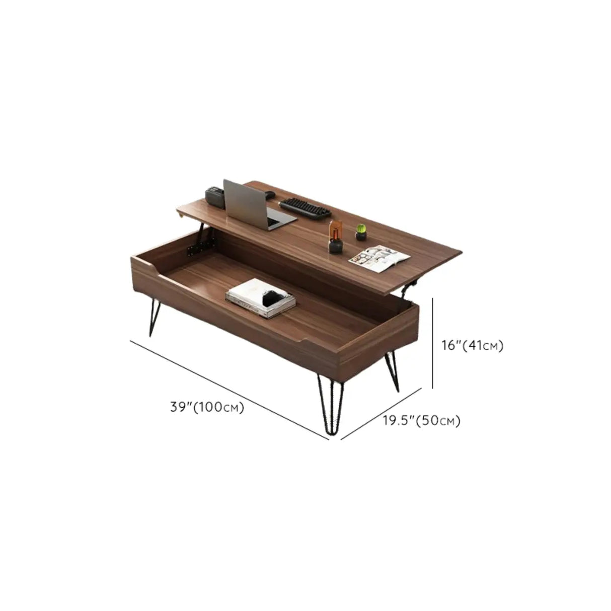 Brown Wood Rectangle Lift Top Coffee Table with Storage Image - 17