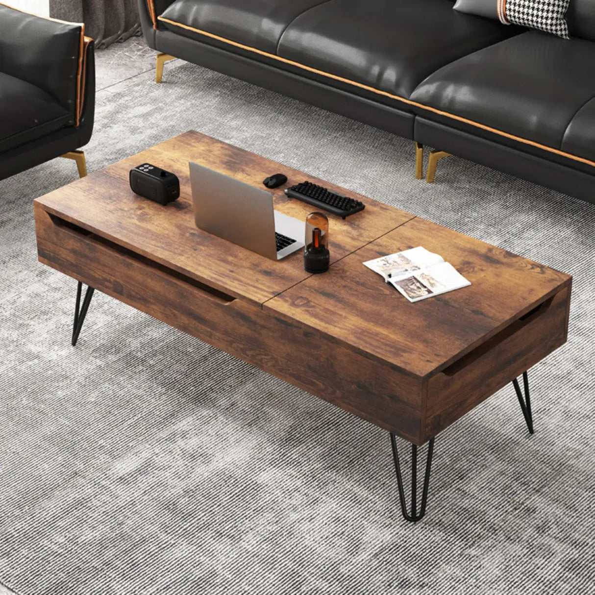 Brown Wood Rectangle Lift Top Coffee Table with Storage Image - 3