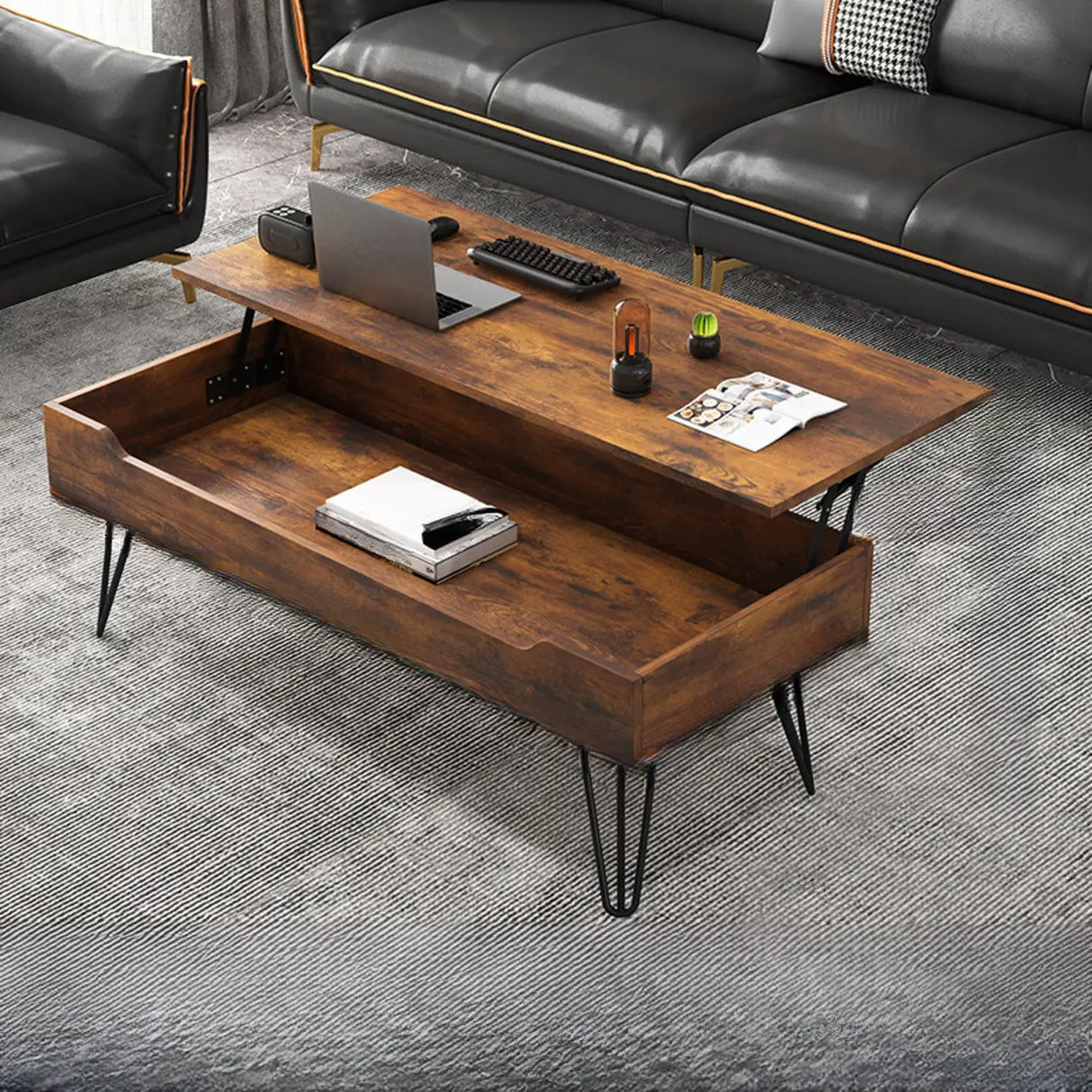 Brown Wood Rectangle Lift Top Coffee Table with Storage Image - 7