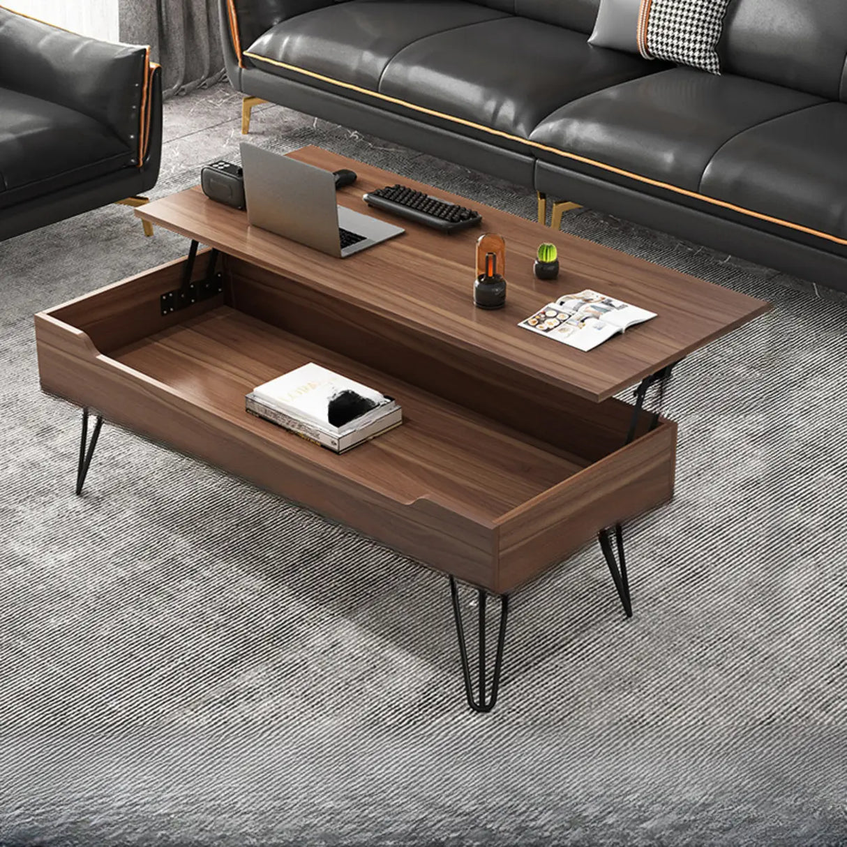 Brown Wood Rectangle Lift Top Coffee Table with Storage Image - 9