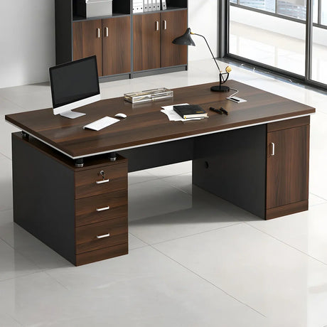 Brown Wood Sled Executive Desk with Cabinet and Drawers Image - 1