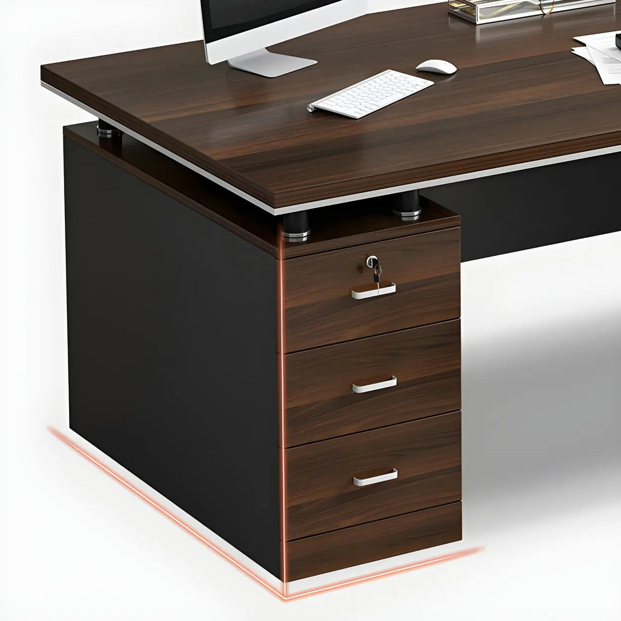 Brown Wood Sled Executive Desk with Cabinet and Drawers Image - 4