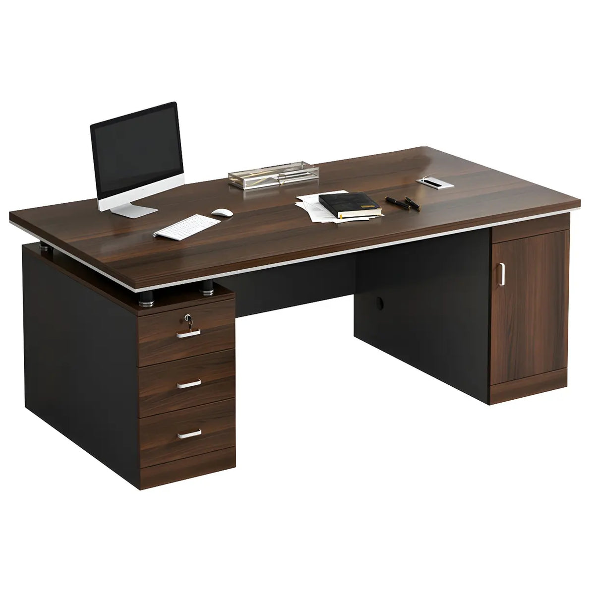 Brown Wood Sled Executive Desk with Cabinet and Drawers Image - 6