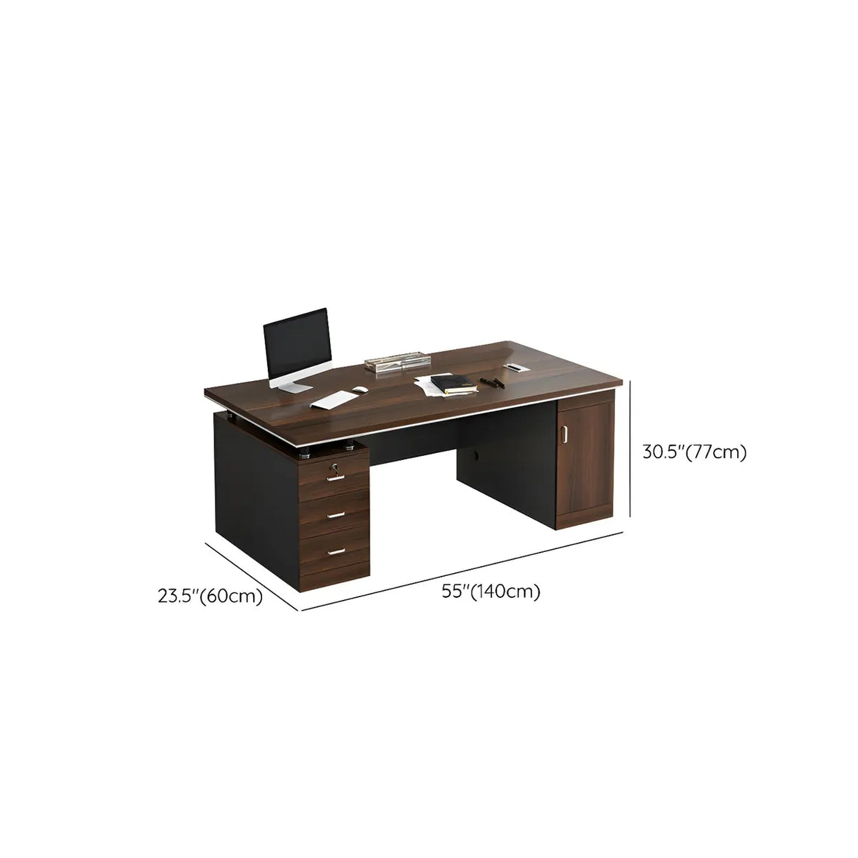Brown Wood Sled Executive Desk with Cabinet and Drawers 