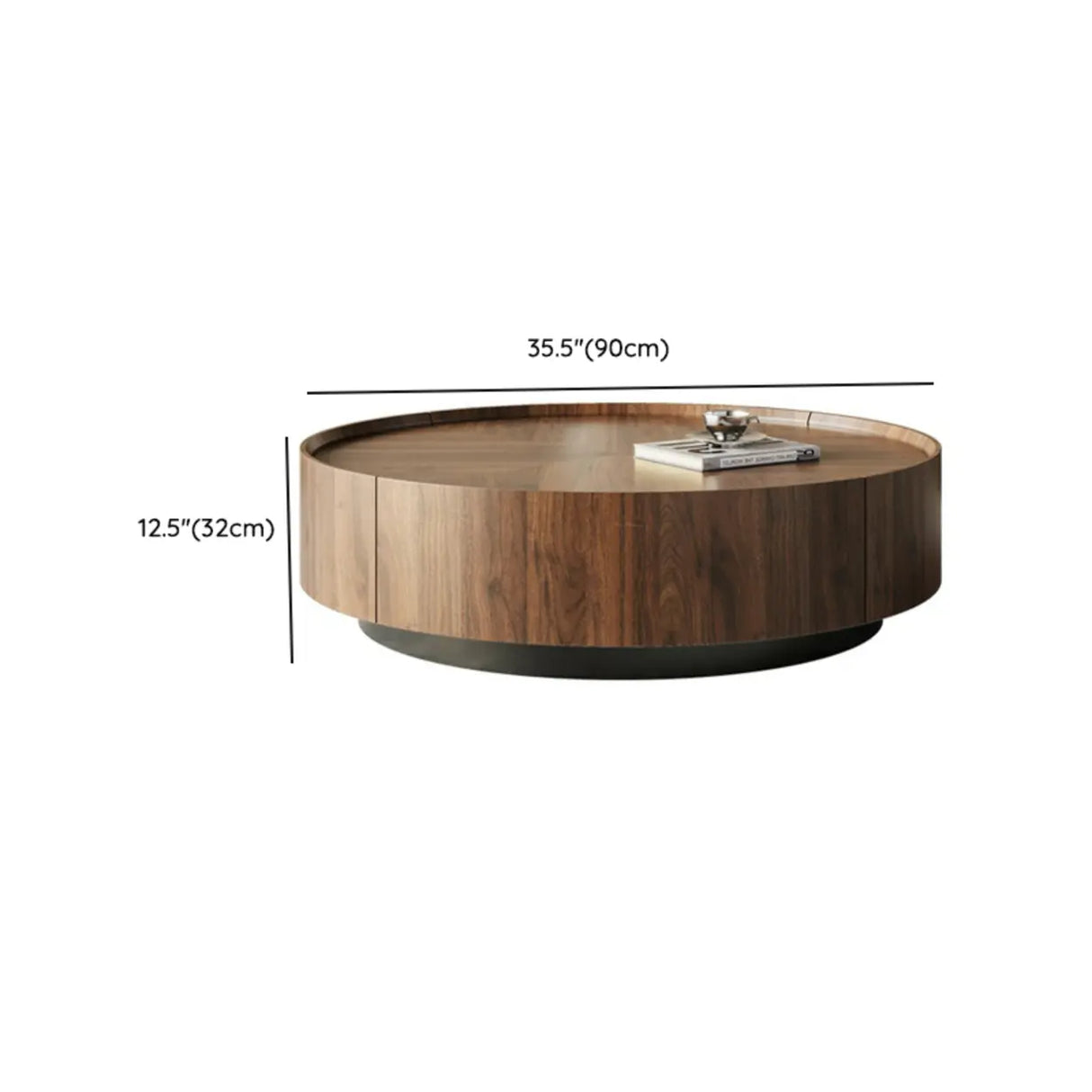 Brown Wood Tray Top Round Coffee Table with Drawers 