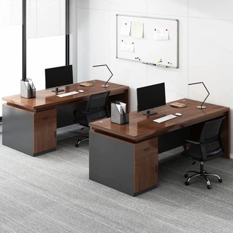 Brown Wooden Computer Desk with Drawers and Cabinets Image - 1