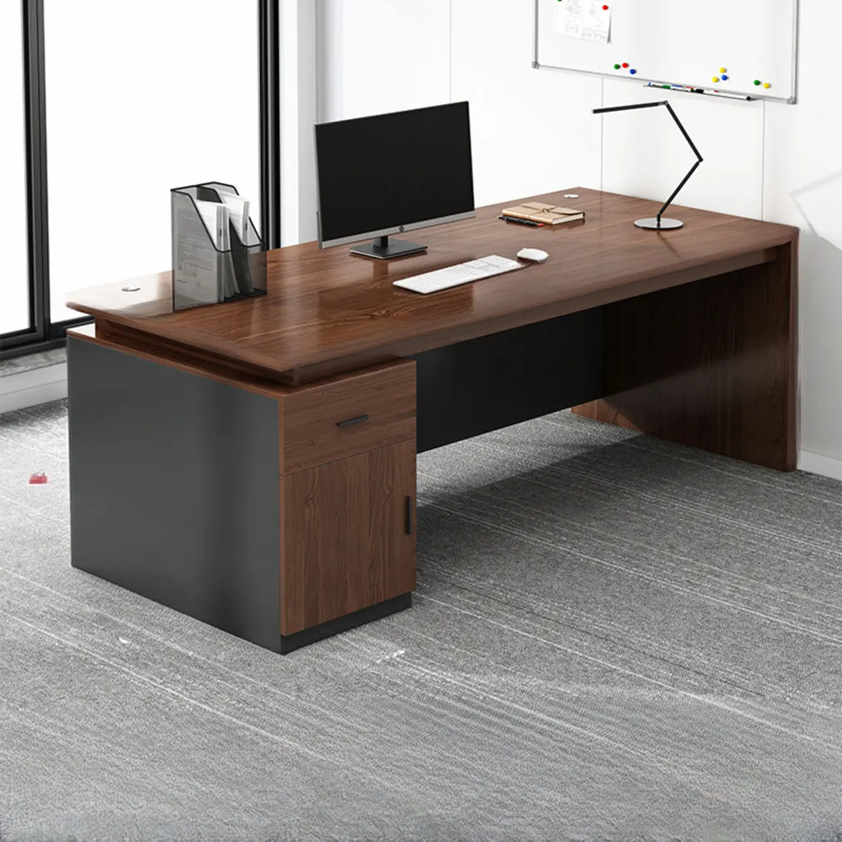 Brown Wooden Computer Desk with Drawers and Cabinets Image - 10
