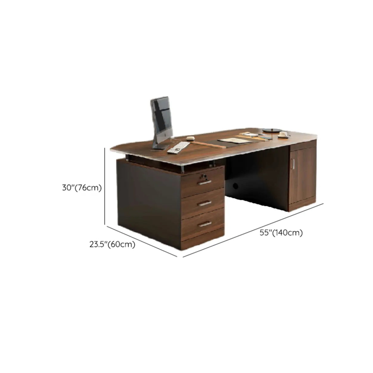 Brown Wooden Computer Desk with Drawers and Cabinets 