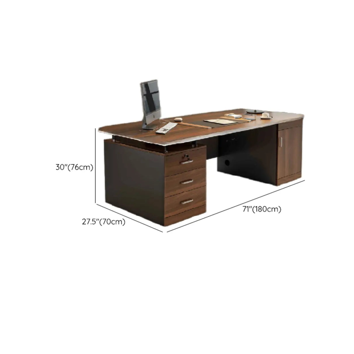 Brown Wooden Computer Desk with Drawers and Cabinets Image - 14