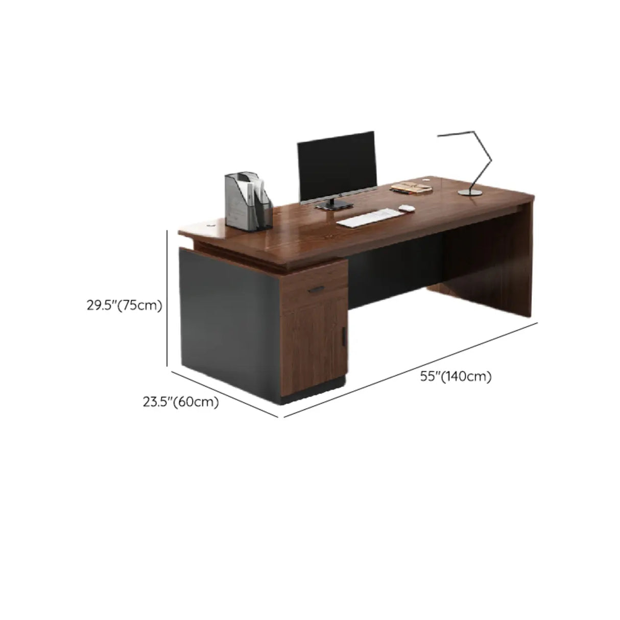 Brown Wooden Computer Desk with Drawers and Cabinets Image - 16