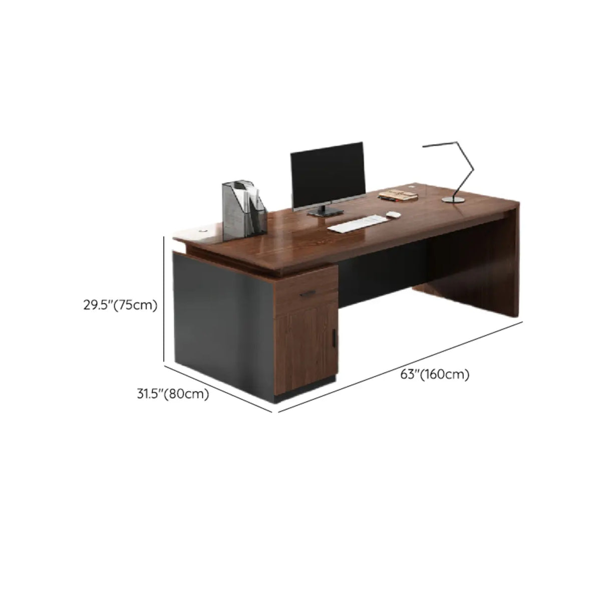 Brown Wooden Computer Desk with Drawers and Cabinets Image - 17