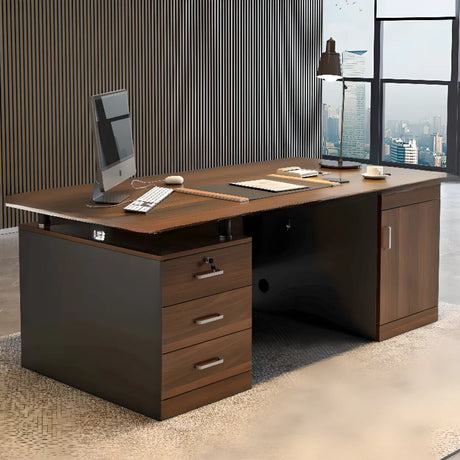 Brown Wooden Computer Desk with Drawers and Cabinets Image - 2