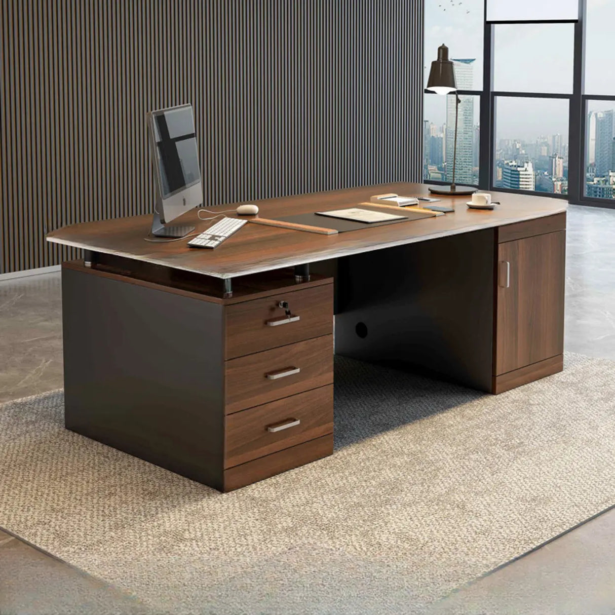 Brown Wooden Computer Desk with Drawers and Cabinets Image - 3