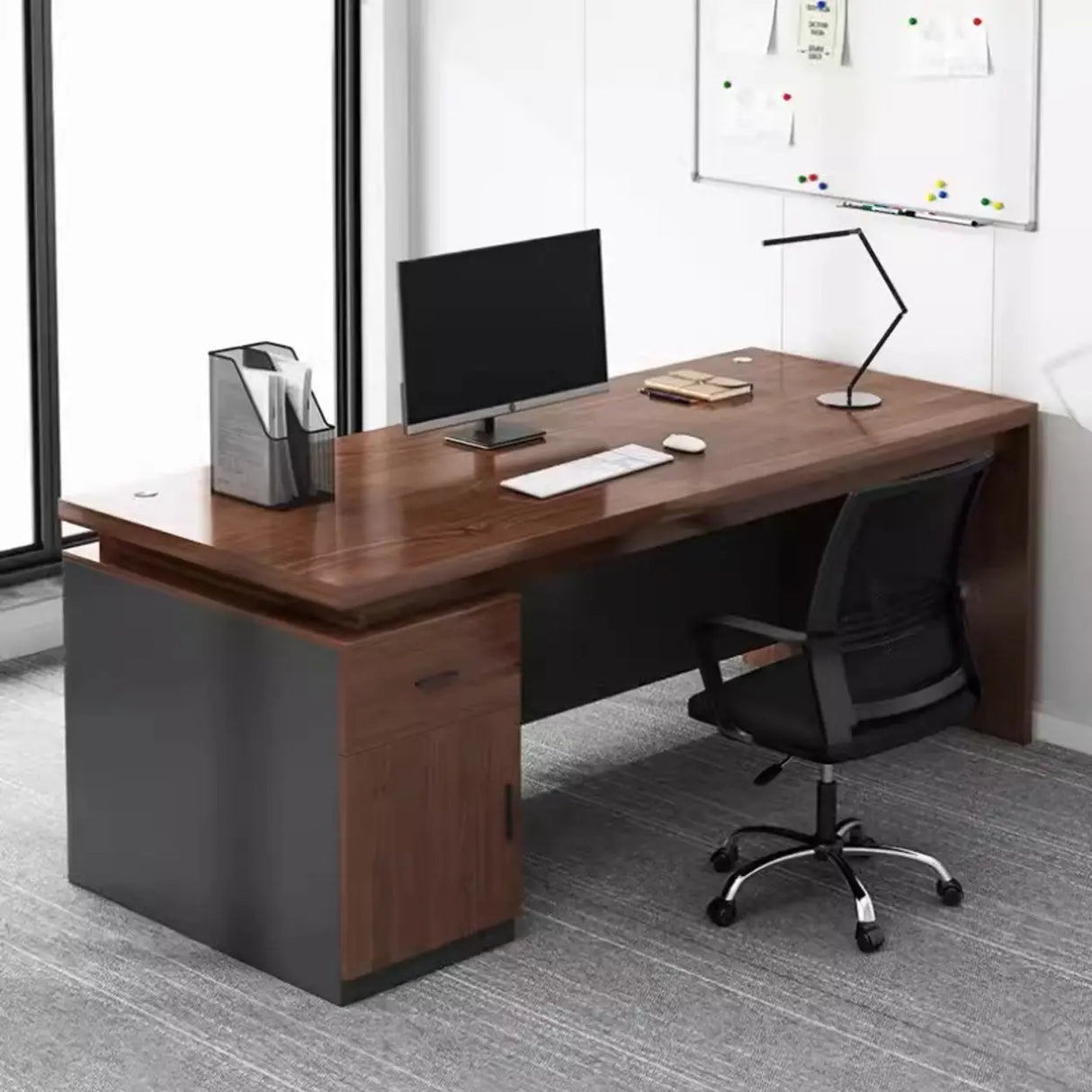 Brown Wooden Computer Desk with Drawers and Cabinets Image - 4