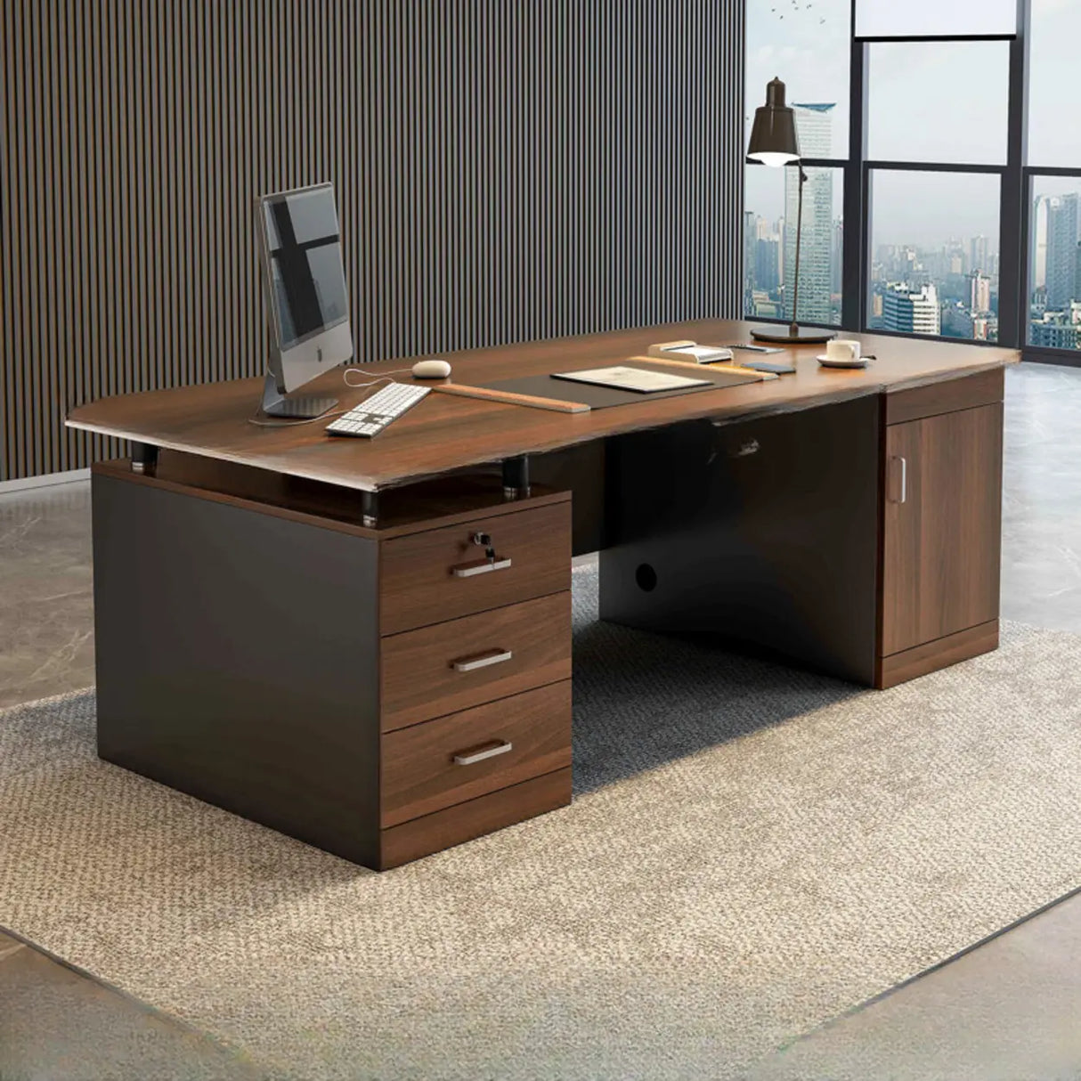 Brown Wooden Computer Desk with Drawers and Cabinets Image - 5