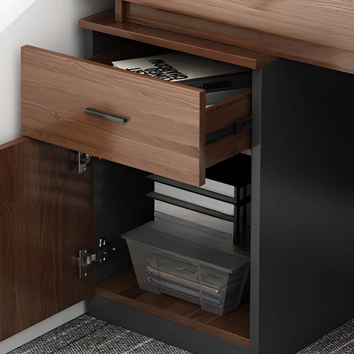 Brown Wooden Computer Desk with Drawers and Cabinets Image - 6