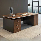 Brown Wooden Computer Desk with Drawers and Cabinets Image - 7