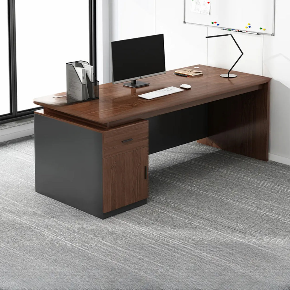 Brown Wooden Computer Desk with Drawers and Cabinets Image - 8
