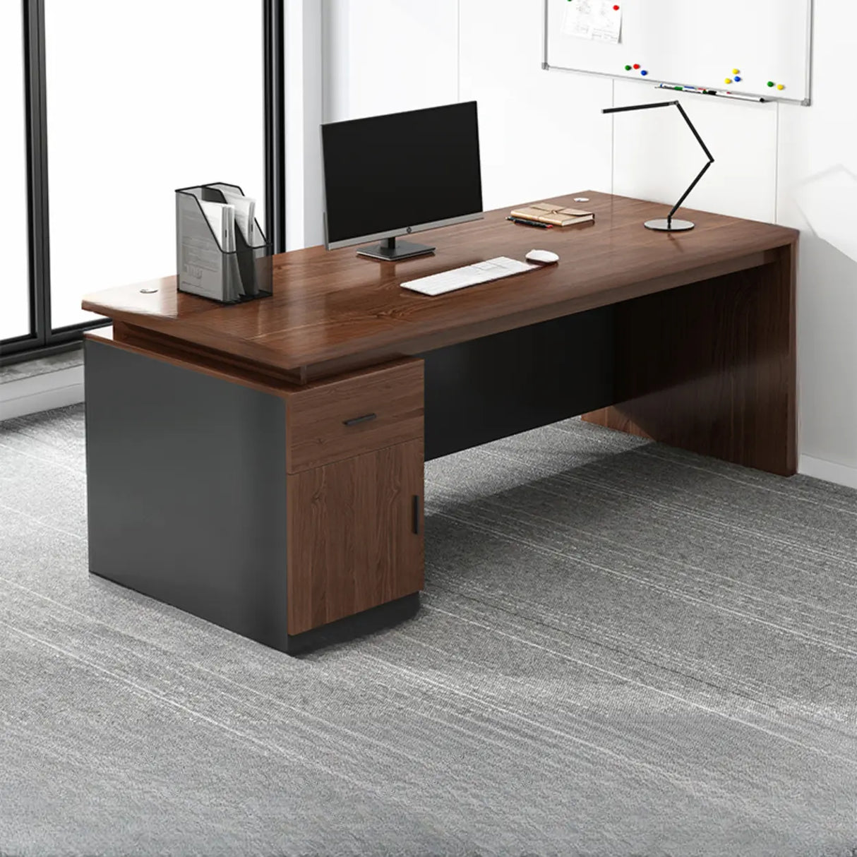 Brown Wooden Computer Desk with Drawers and Cabinets Image - 9