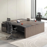 Brown Wooden Computer Desk with Drawers and Shelves Image - 1