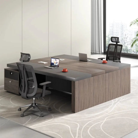Brown Wooden Computer Desk with Drawers and Shelves Image - 1
