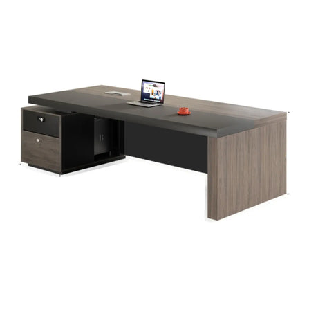 Brown Wooden Computer Desk with Drawers and Shelves Image - 2