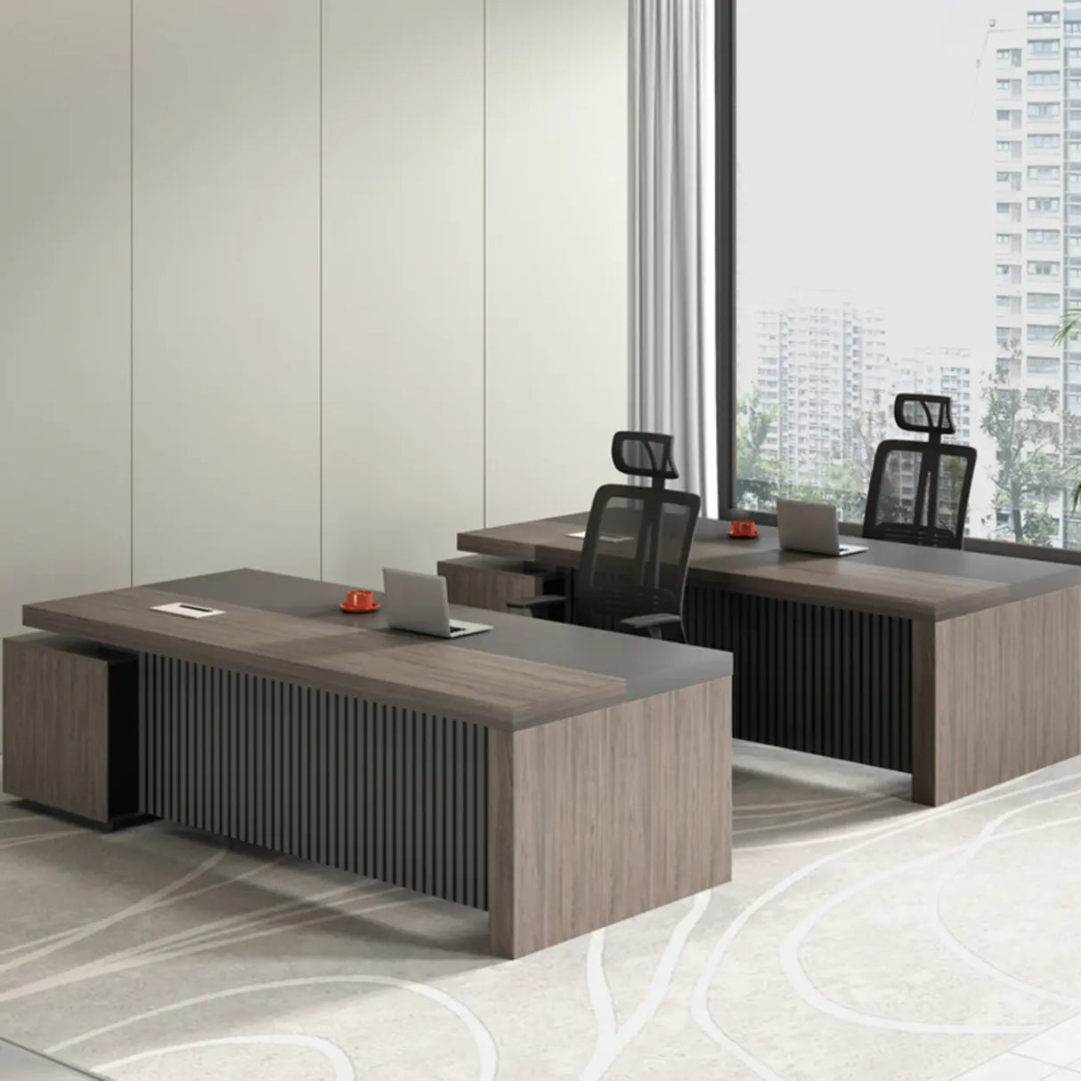 Brown Wooden Computer Desk with Drawers and Shelves Image - 4
