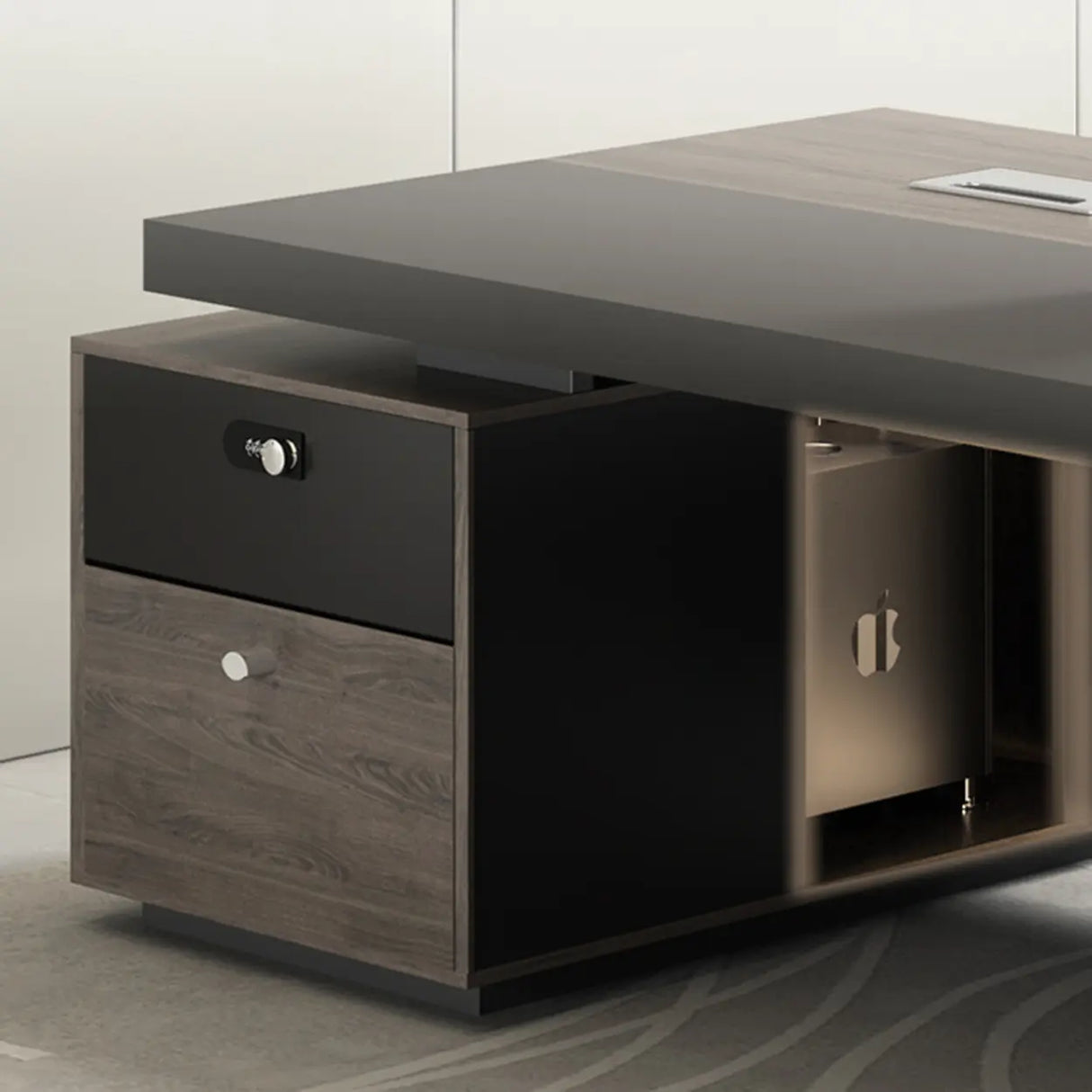 Brown Wooden Computer Desk with Drawers and Shelves Image - 5