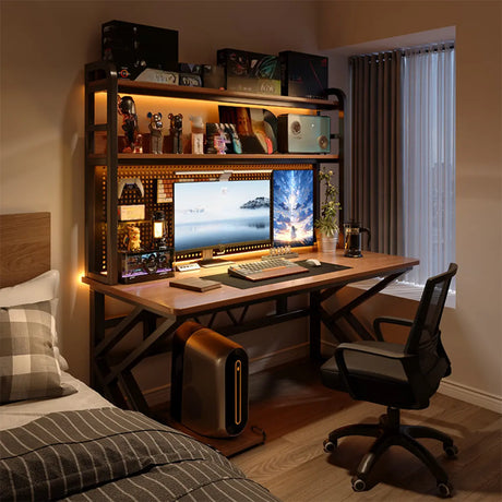 Brown Wooden Computer Desk with Shelves and Hunch Image - 1