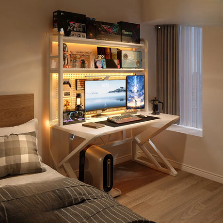Brown Wooden Computer Desk with Shelves and Hunch Image - 2