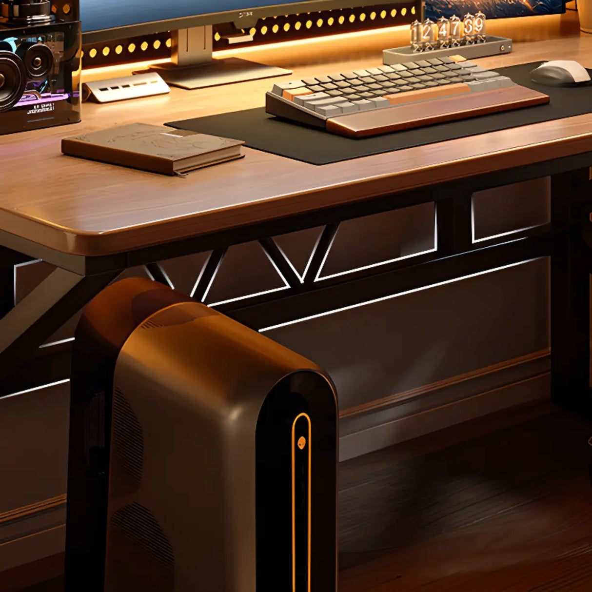 Brown Wooden Computer Desk with Shelves and Hunch Image - 4