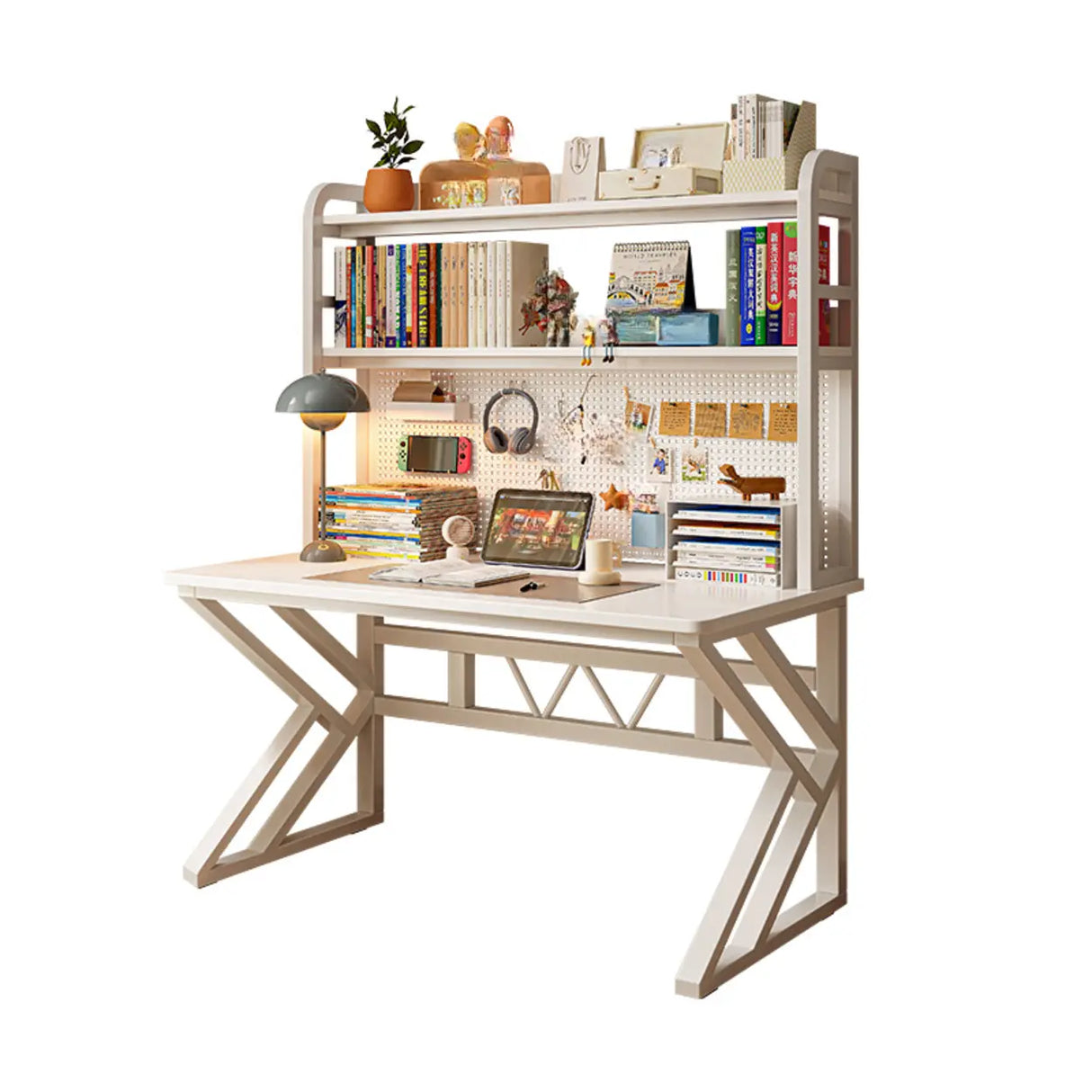 Brown Wooden Computer Desk with Shelves and Hunch Image - 6