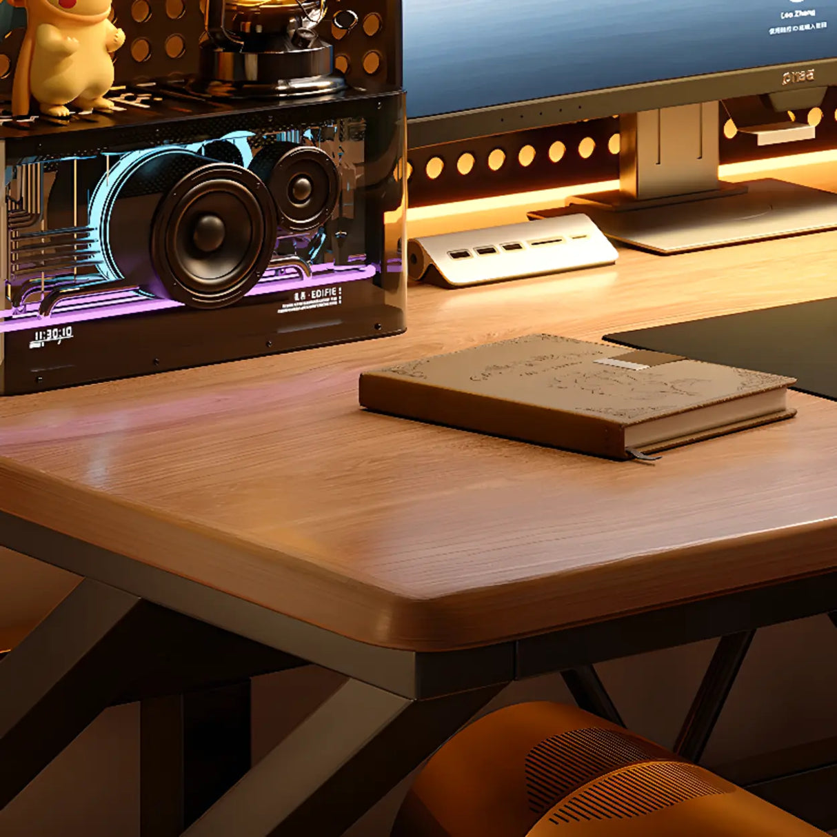 Brown Wooden Computer Desk with Shelves and Hunch Image - 8