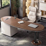 Brown Wooden Curved Reception Desk with Drawers Image - 1