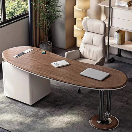 Brown Wooden Curved Reception Desk with Drawers Image - 1