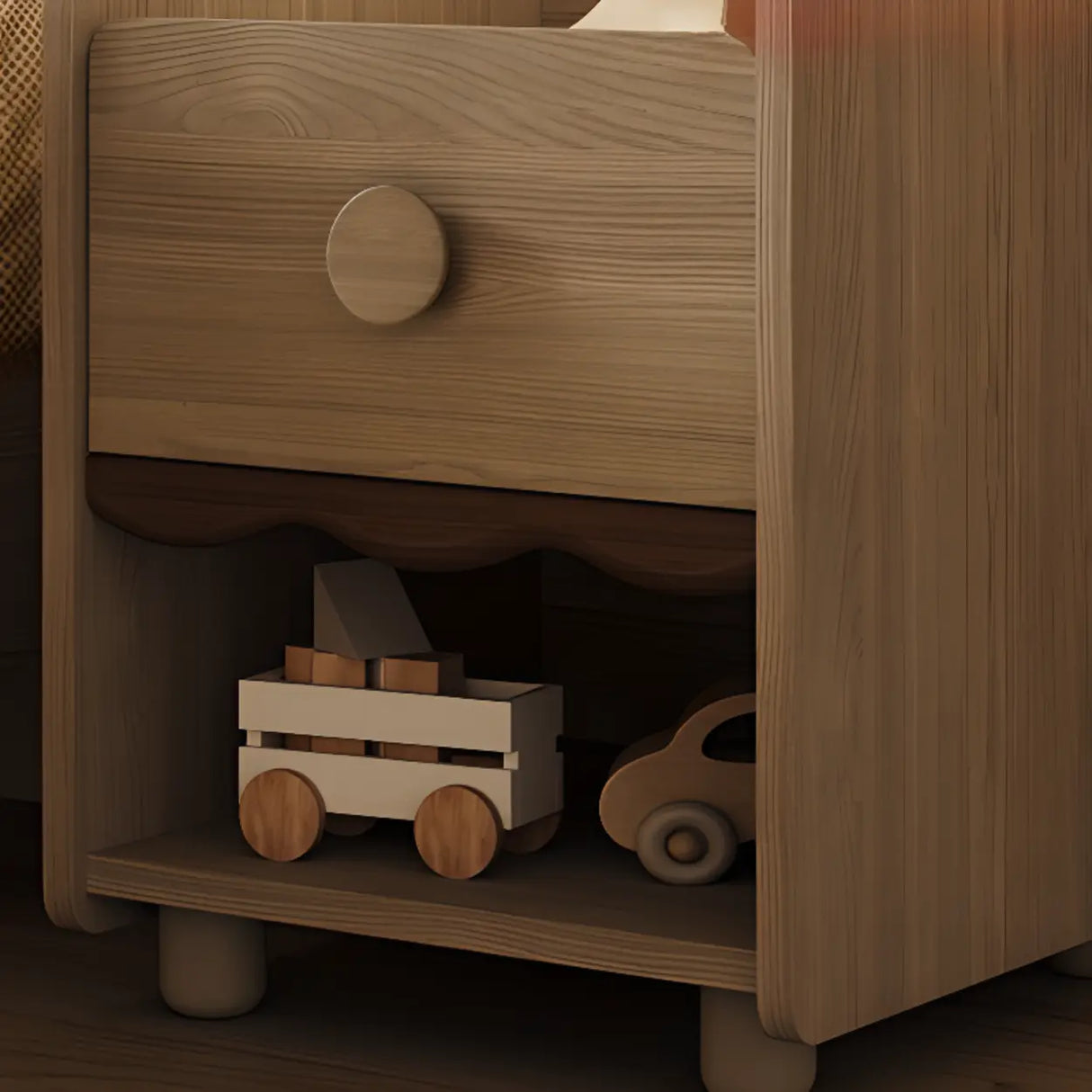 Brown Wooden Drawer Short Kids Nightstand with Legs Image - 1