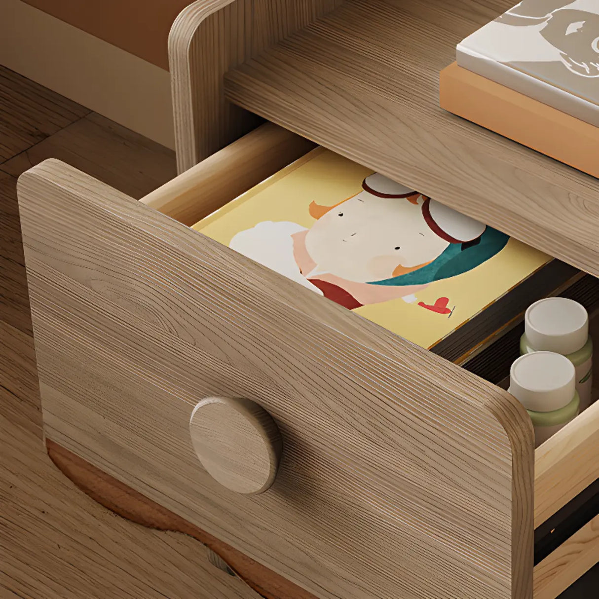 Brown Wooden Drawer Short Kids Nightstand with Legs Image - 4