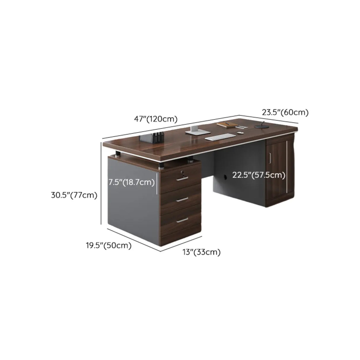 Brown Wooden Executive Desk with Drawers and Cabinet 
